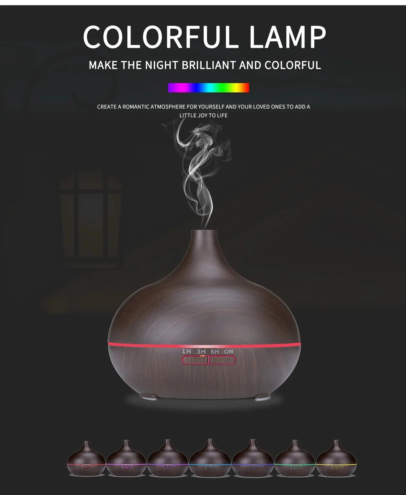 Air Humidifier Aromatherapy Essential Oil Diffuser 500ml Wood Grain Ultrasonic Remote Control 7 Color Lights
