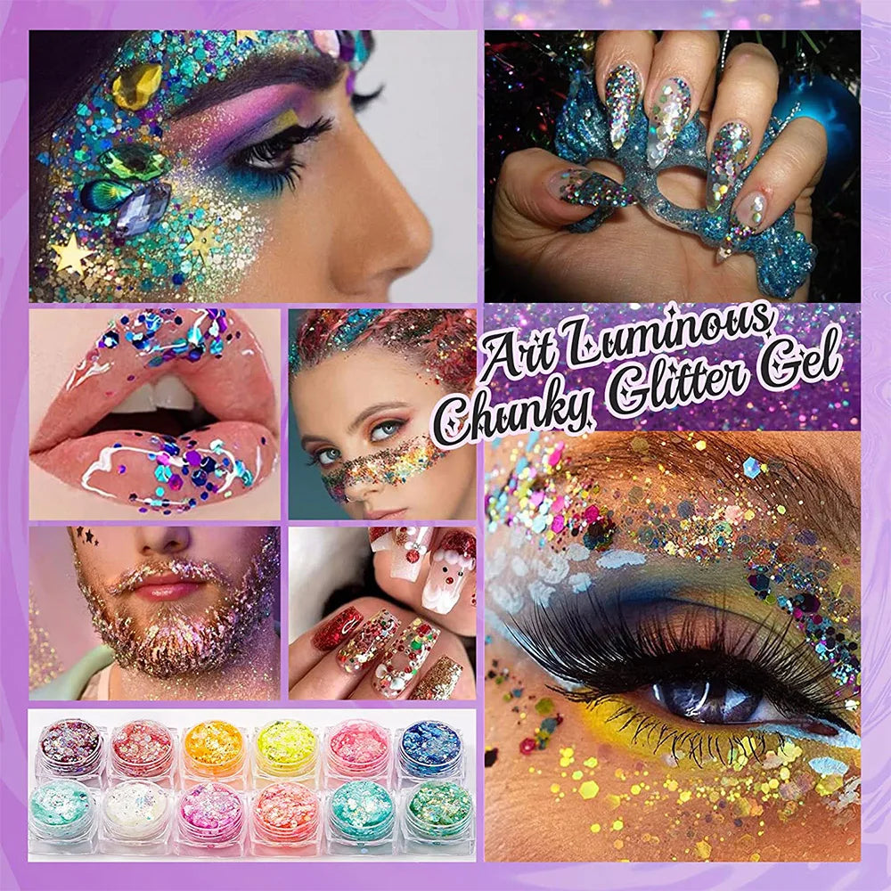 12 Colors Glow in The Dark Glitter Gel Makeup for Festivals and Parties UV Body and Face Glitter