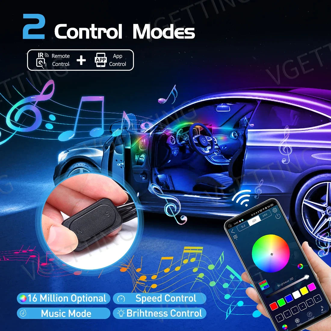 Vgetting 18 in 1 Car Ambient Lights LED Acrylic Strips RGB 64 Colors APP Control