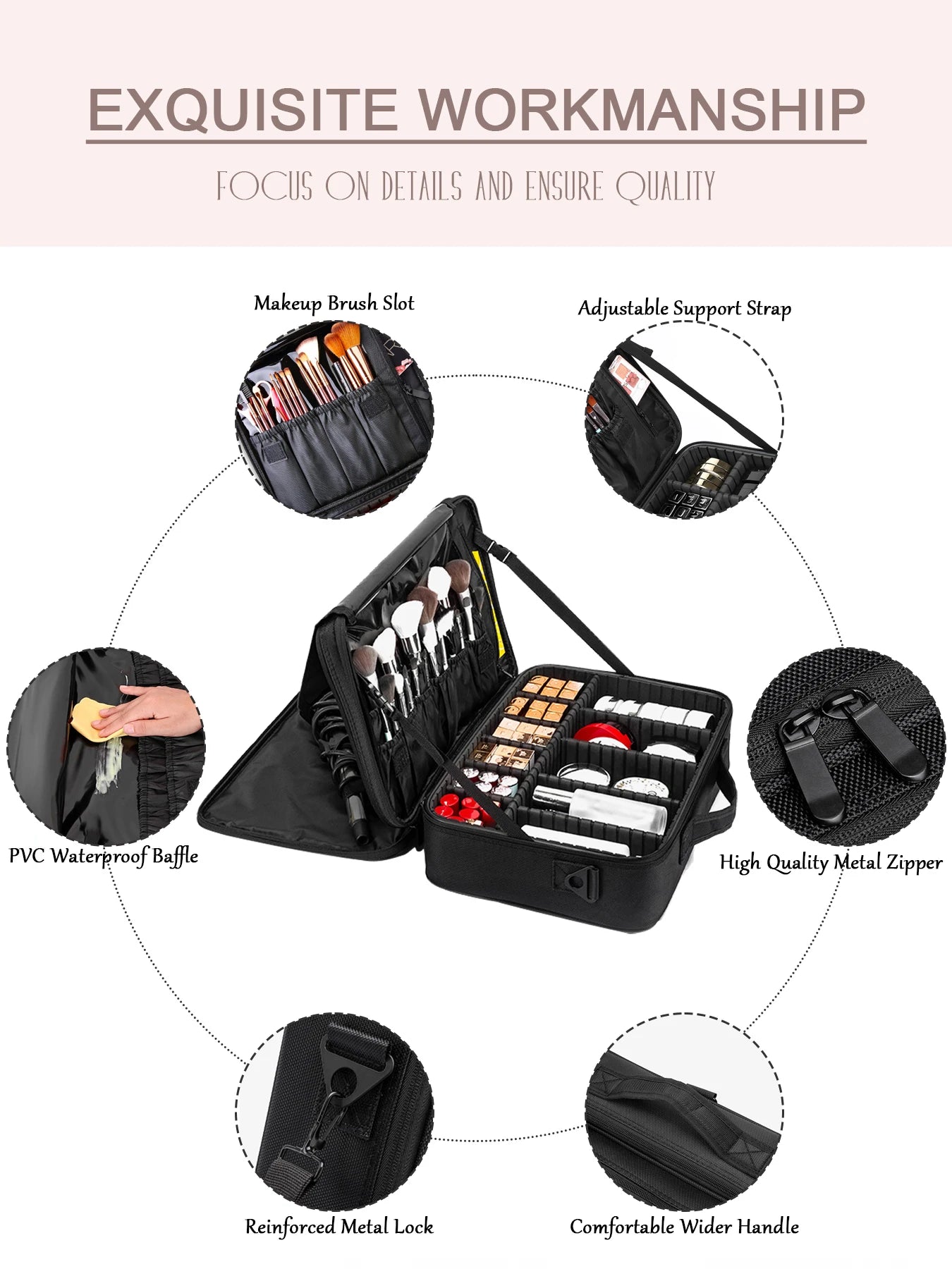 Three Layer Waterproof Oxford Cloth Cosmetic Case with Manicure Makeup Toolbox and Travel Underwear Storage