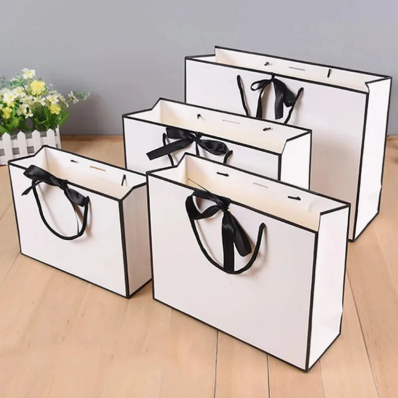 White Paper Gift Boxes with Black Border 1-50 Pieces Portable Tote Bags with Bow Ribbon for Dinner Party Supplies