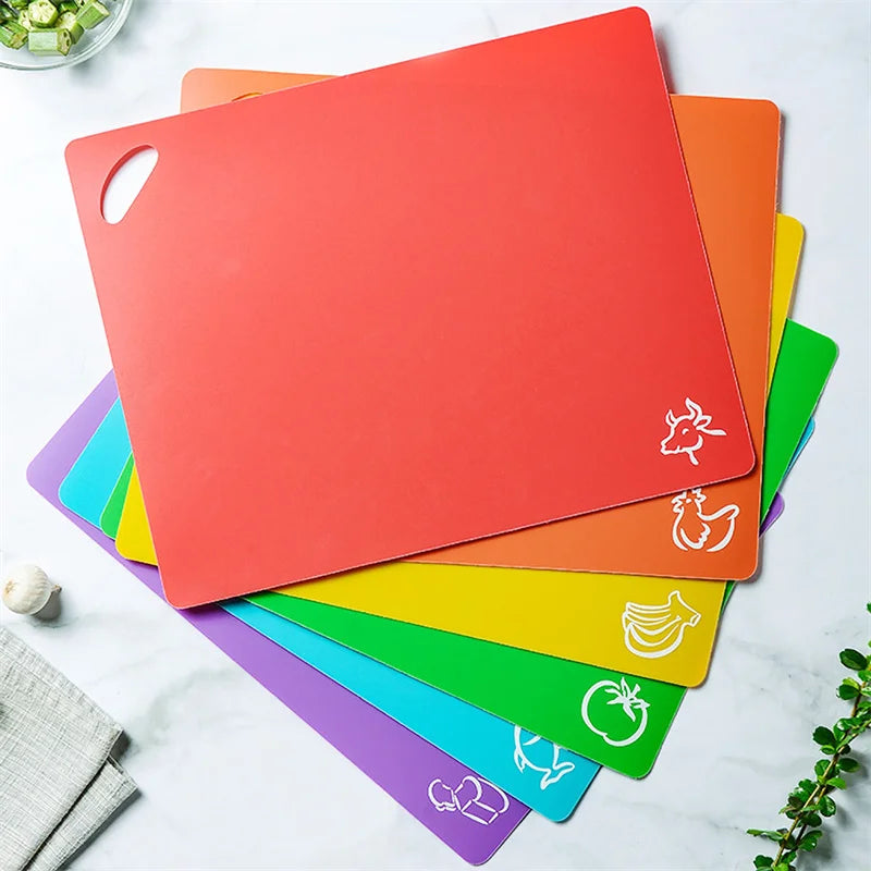 6 Piece Colorful Flexible Plastic Non-Slip Chopping Boards with Food Icons for Easy Kitchen Prep