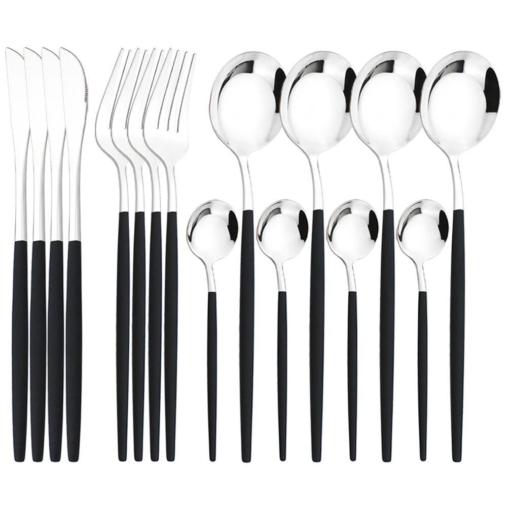 16 Piece Black and Gold Stainless Steel Cutlery Set Elegant Dinnerware Flatware for Home and Special Occasions