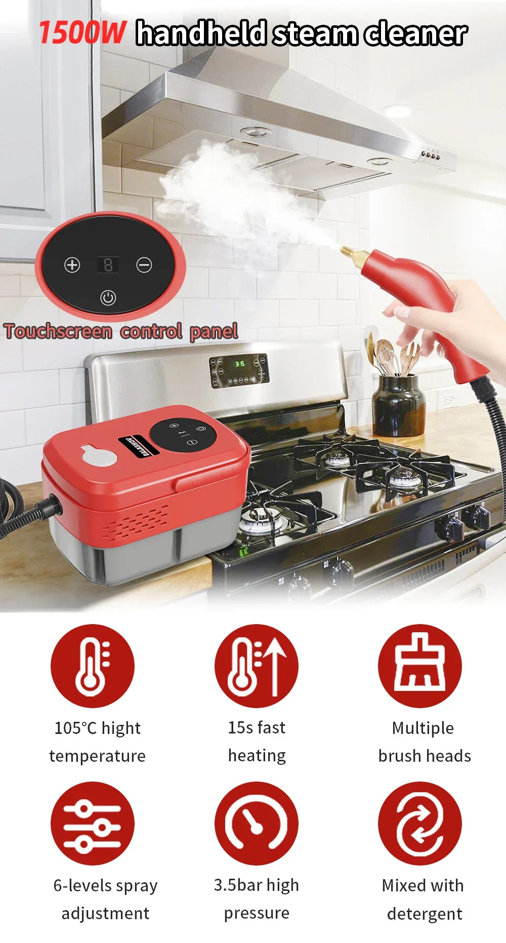 2500W High Temperature Handheld Steam Cleaner for Air Conditioners Kitchen Hoods Cars Floors and More