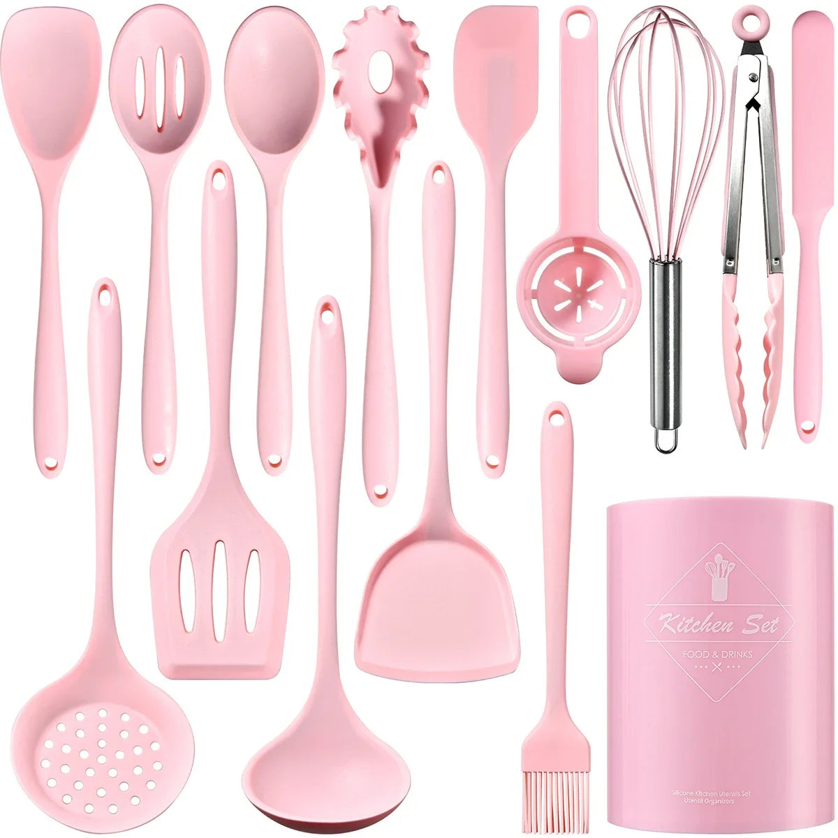 15 Piece Pink Silicone Kitchen Utensil Set with Storage Bucket Non-Stick Cooking Tools
