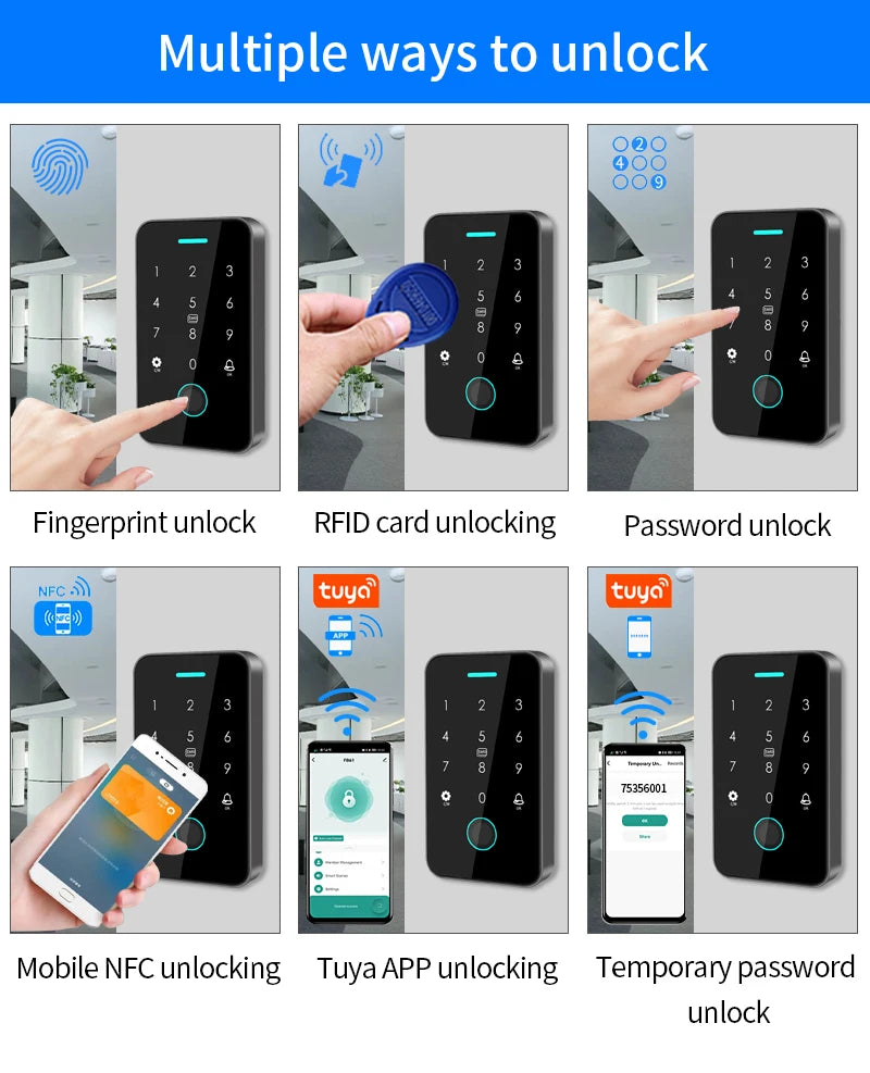 Bluetooth NFC Tuya App Smart Door Access Control System with RFID Fingerprint Keypad Outdoor Electric Magnetic Lock Rainproof