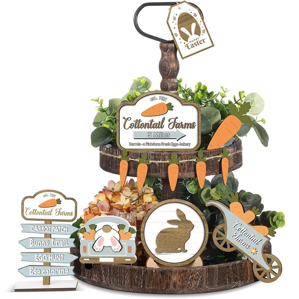 Easter Bunny Carrots Wooden Tiered Tray Decorations Set for Happy Easter Day Table Centerpiece