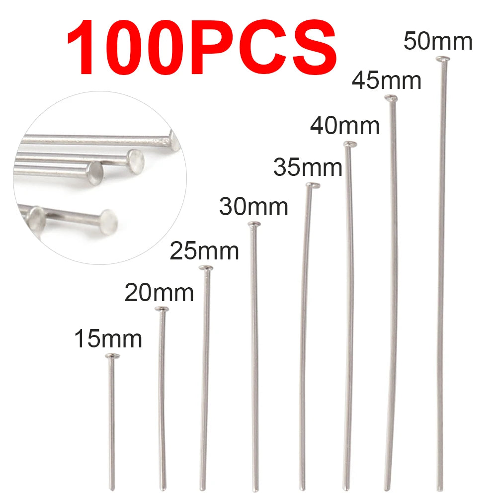100pcs 15-50MM Stainless Steel Flat Head Eye Pins for Jewelry Making