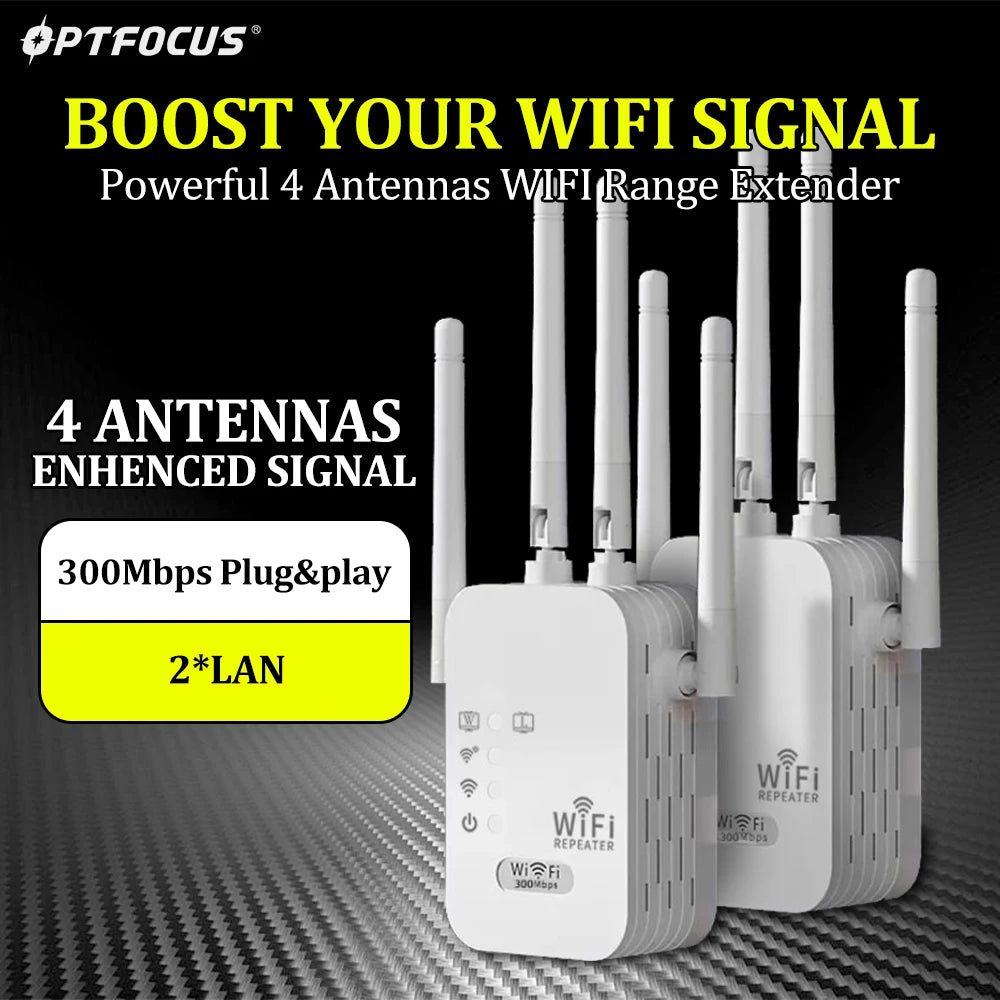 OPTFOCUS 2.4G WiFi Repeater 2LAN 300Mbps Signal Booster