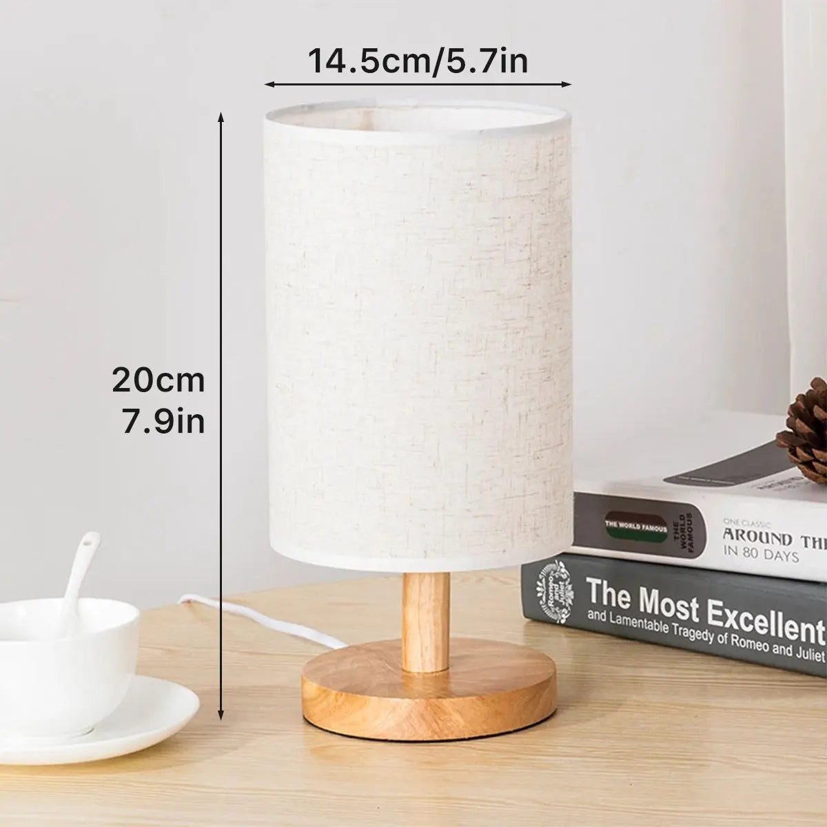 USB Wooden Bedside Lamp with Cylinder Shade Night Light for Bedroom Home Decor