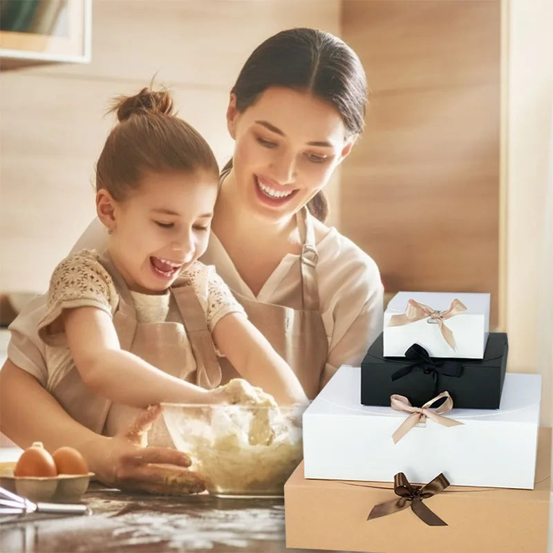 5 Piece Black and White Kraft Paper DIY Gift Box Set with Bow Ribbon for Weddings and Parties