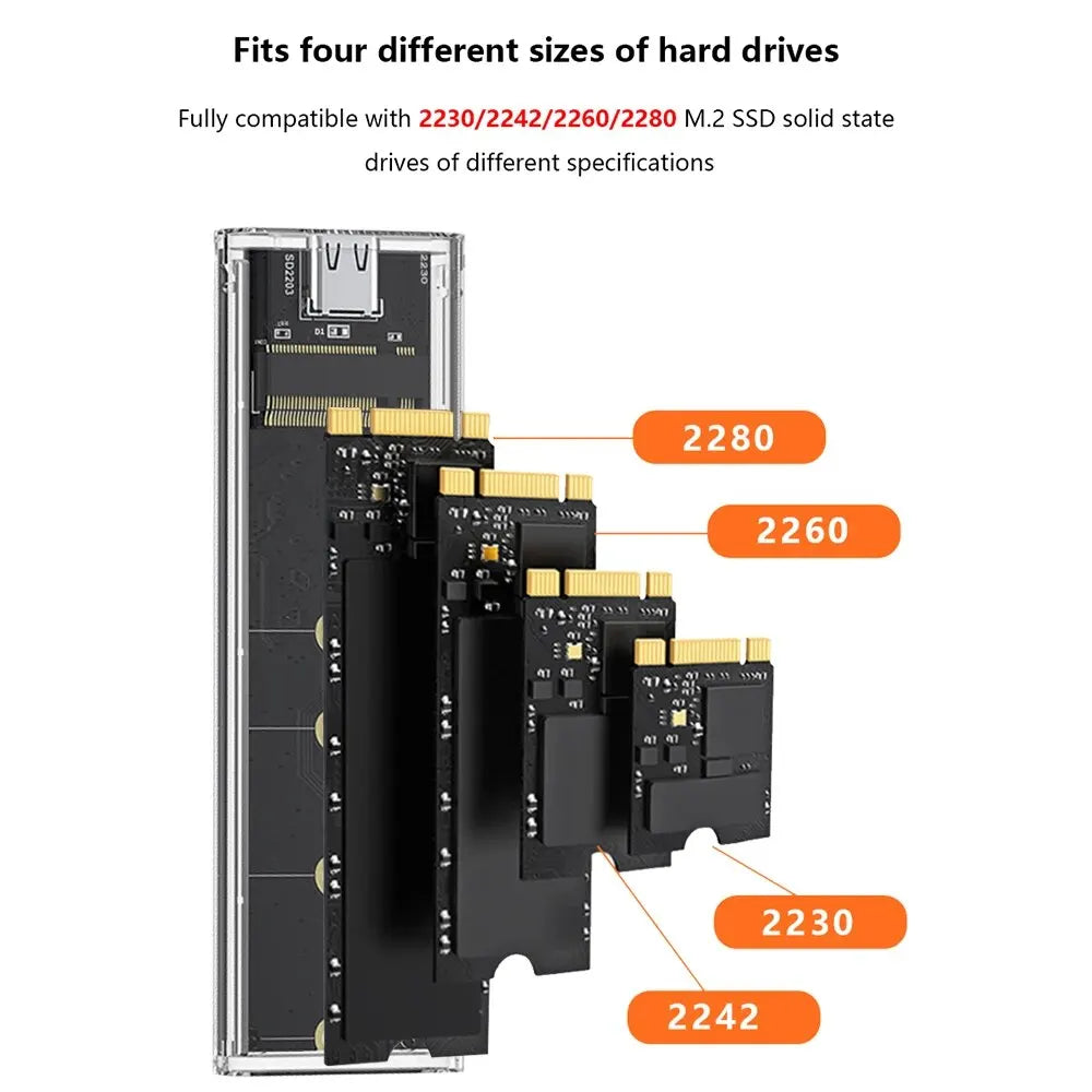 M.2 NVME PCIe NGFF SATA Dual Protocol SSD Case Clear USB Type C 10Gbps External Enclosure