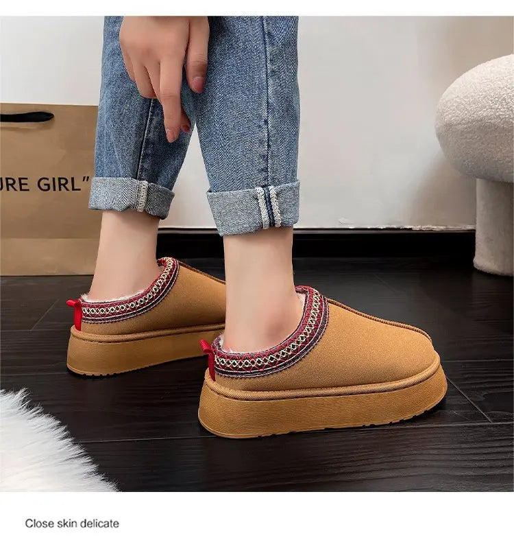 Women's Wool Slippers Warm Sheepskin Platform Shoes 2024