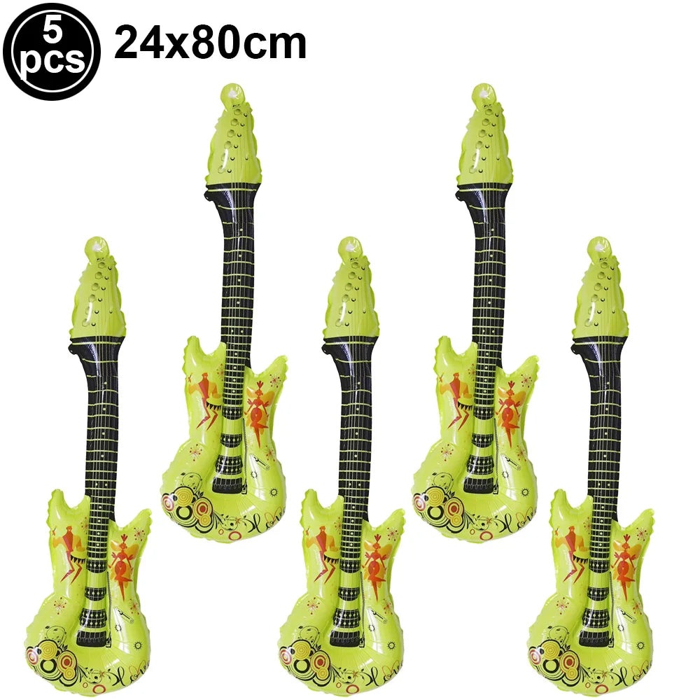 5 Piece PVC Musical Instrument Inflatable Balloon Set with Guitar and Microphone for Kids Birthday and Retro Party Decorations
