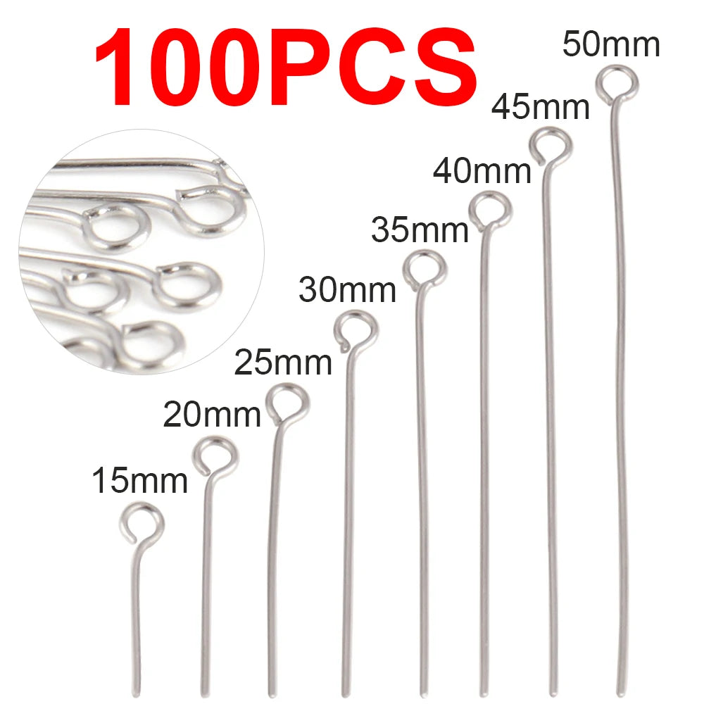 100pcs 15-50MM Stainless Steel Flat Head Eye Pins for Jewelry Making