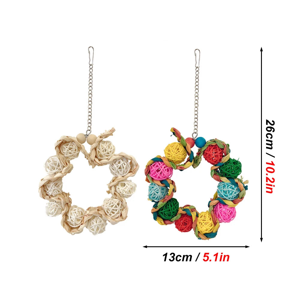 1pc Rattan Ball Round-shaped Bird Swing Toy Grab Bite Toy Stand Grinding Teeth Hanging Chew Toys for Pet Bird Parrot Cage Decor