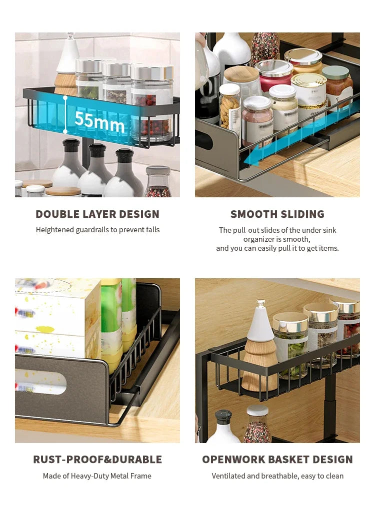 2 Tier Under Sink Organizers with Sliding Drawer for Bathroom and Kitchen Storage