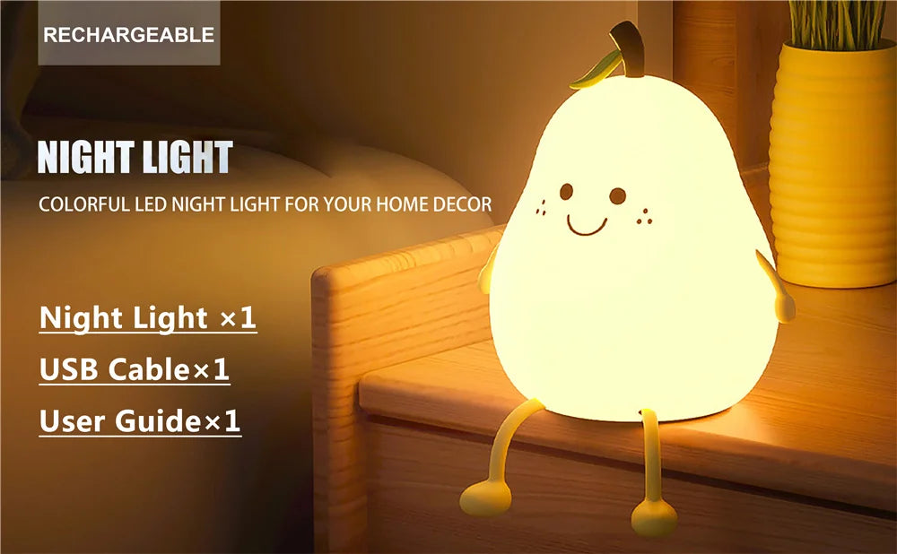 Pear Shaped Silicone Night Light for Kids Dimmable 7 Colors USB Rechargeable Cute Bedroom Lamp