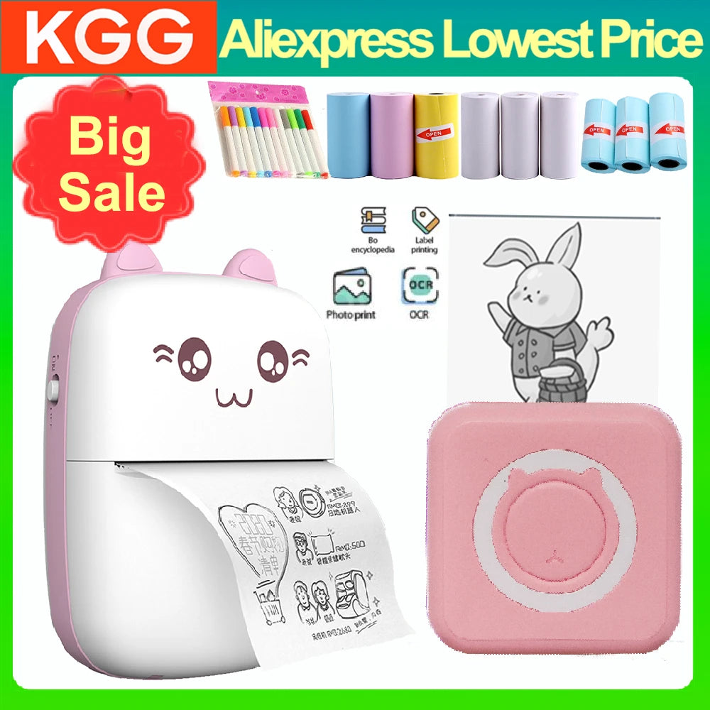 Portable Mini Thermal Printer Wirelessly BT 203dpi Photo Label Memo Printing with USB Cable