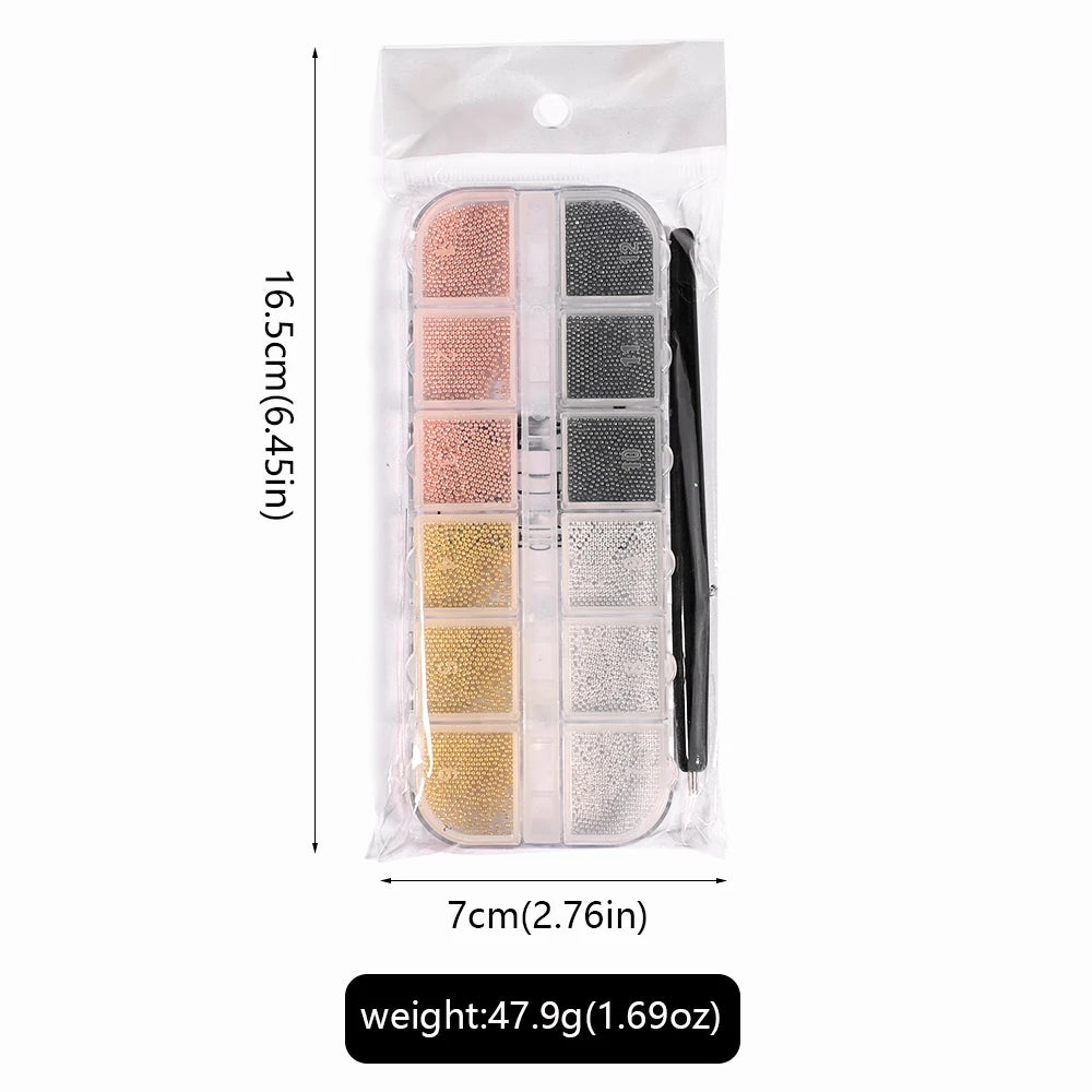 12 Grids Mini Caviar Beads Nail Art Charms With Magnetic Pen