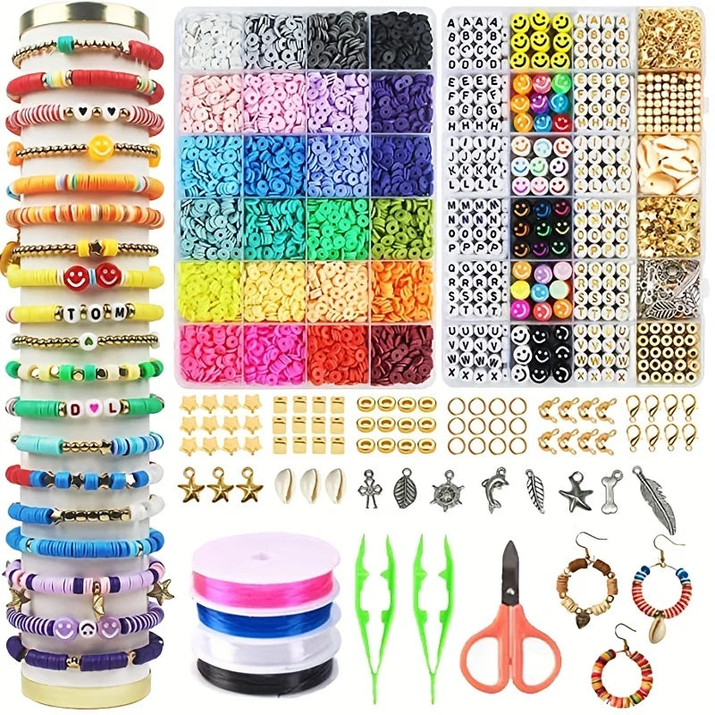 24 Rainbow Color Clay Beads Bracelet Making Kit with 2 Boxes for DIY Jewelry Crafting and Handmade Accessories