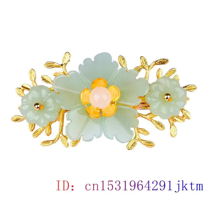 Green Jade Flower Barrette Hairpin 18K Gold Vintage Clip