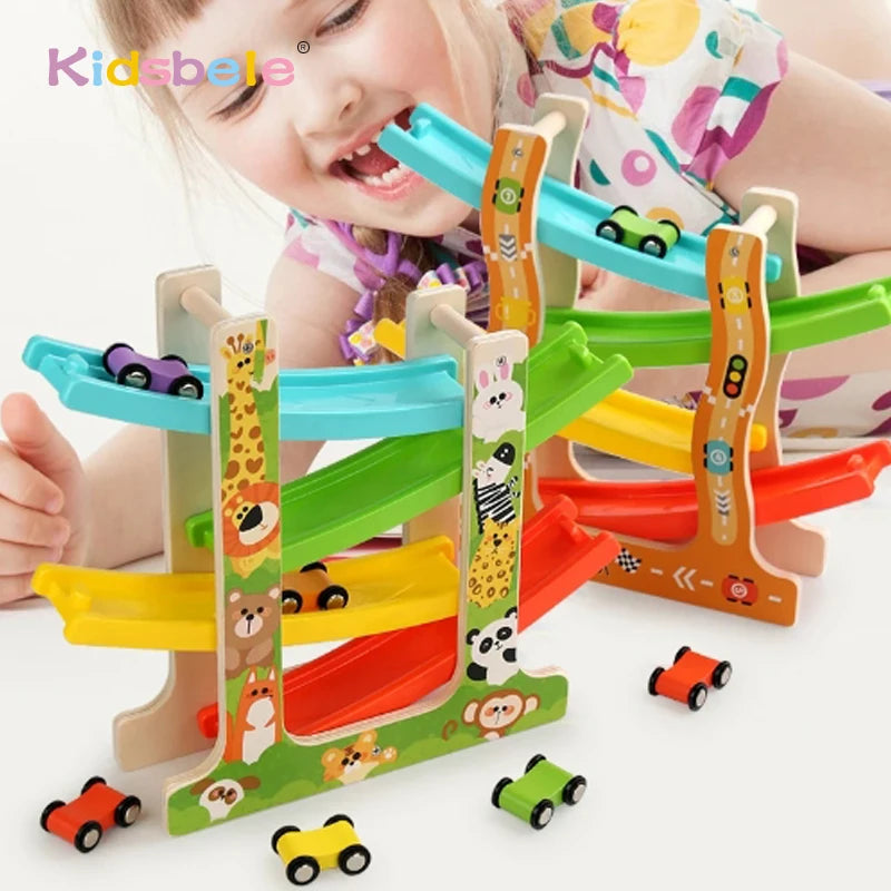 Kids Four-Layer Wooden Gliders Montessori Inertia Track Car Toy Set Animal and Traffic Themes Early Learning Birthday Gift