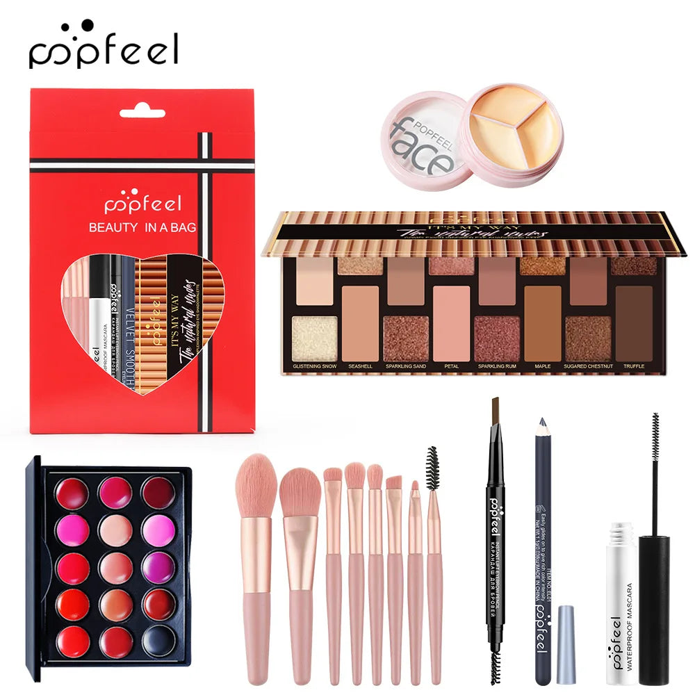 Popfeel All in One Makeup Kit Gift Set with Eyeshadow Palette Foundation Lip Gloss Blush Brushes and Eyeliner Essential Beauty Collection
