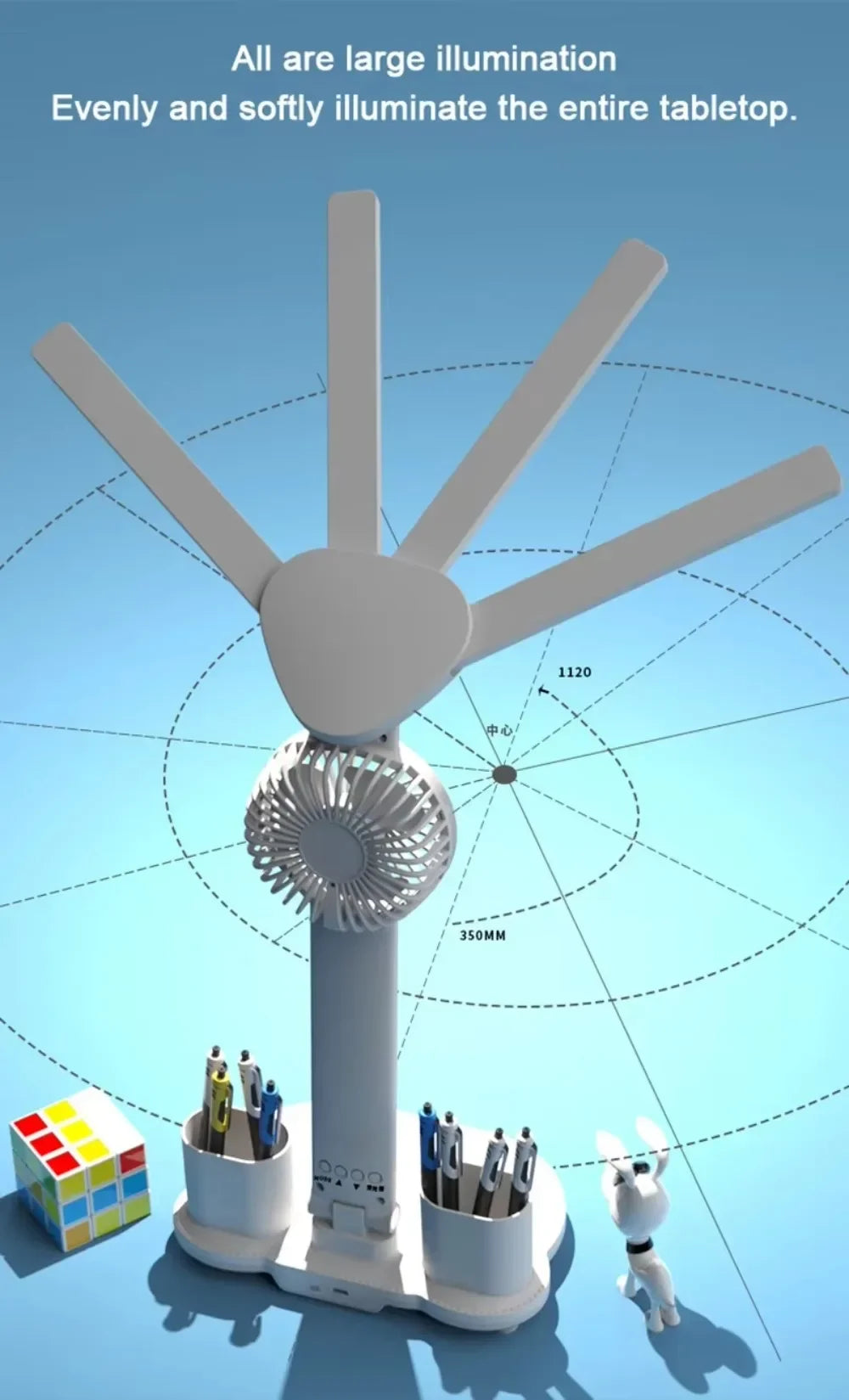 Multifunctional 3 Color LED Desk Lamp with Clock Fan and USB Charging Four Headed Folding Design