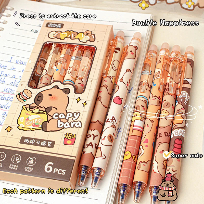 6Pcs Cute Capybara Gel Pens Kawaii Quickly-Drying Erasable Set