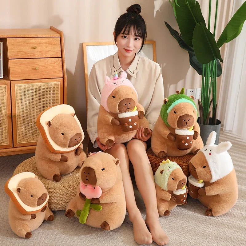 Strawberry Hat Capybara Plush Toy with Turtle Backpack Pendant