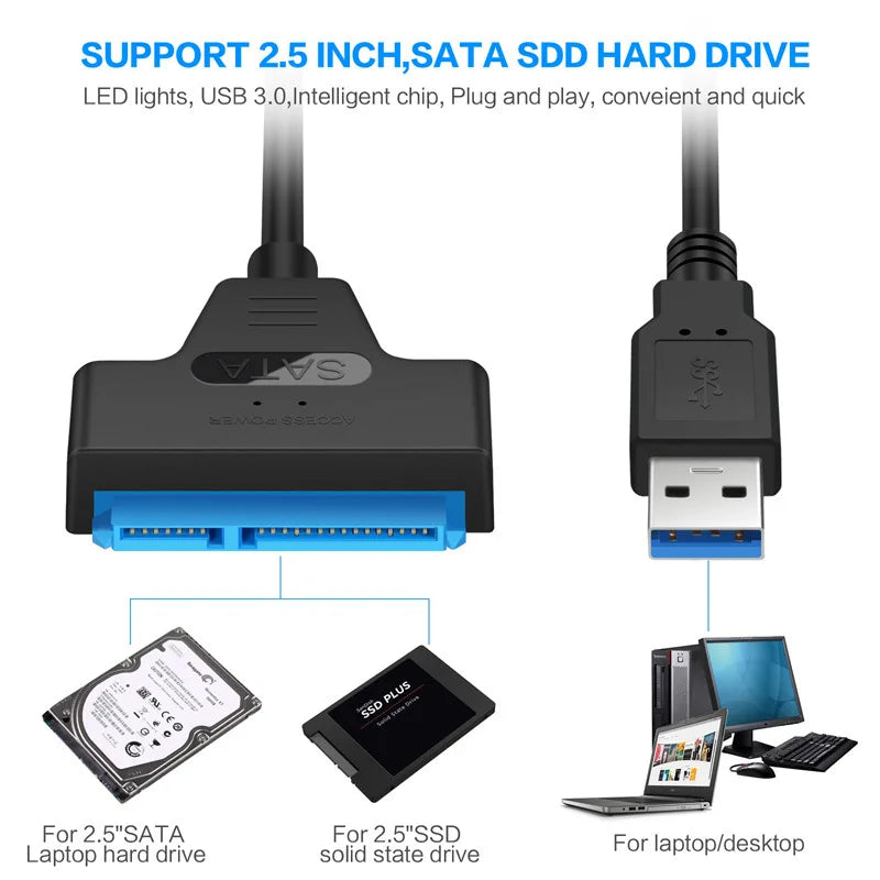 Cable SATA a USB 3.0/2.0 de hasta 6 Gbps para disco duro externo HDD SSD de 2,5 pulgadas Adaptador SATA 3 de 22 pines Cable USB 3.0 a Sata III
