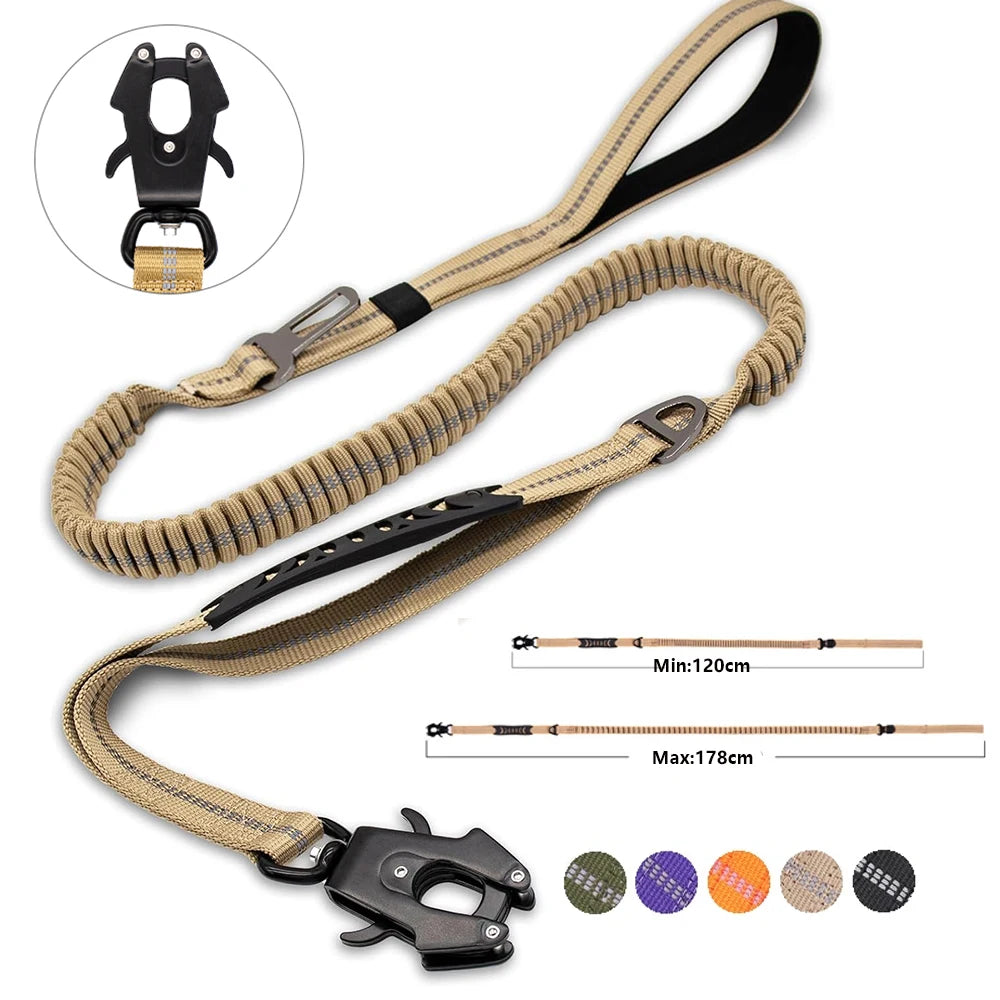 Reflective Heavy Duty Tactical Bungee Dog Leash with Shock Absorbing Technology and Seatbelt for Large Dogs