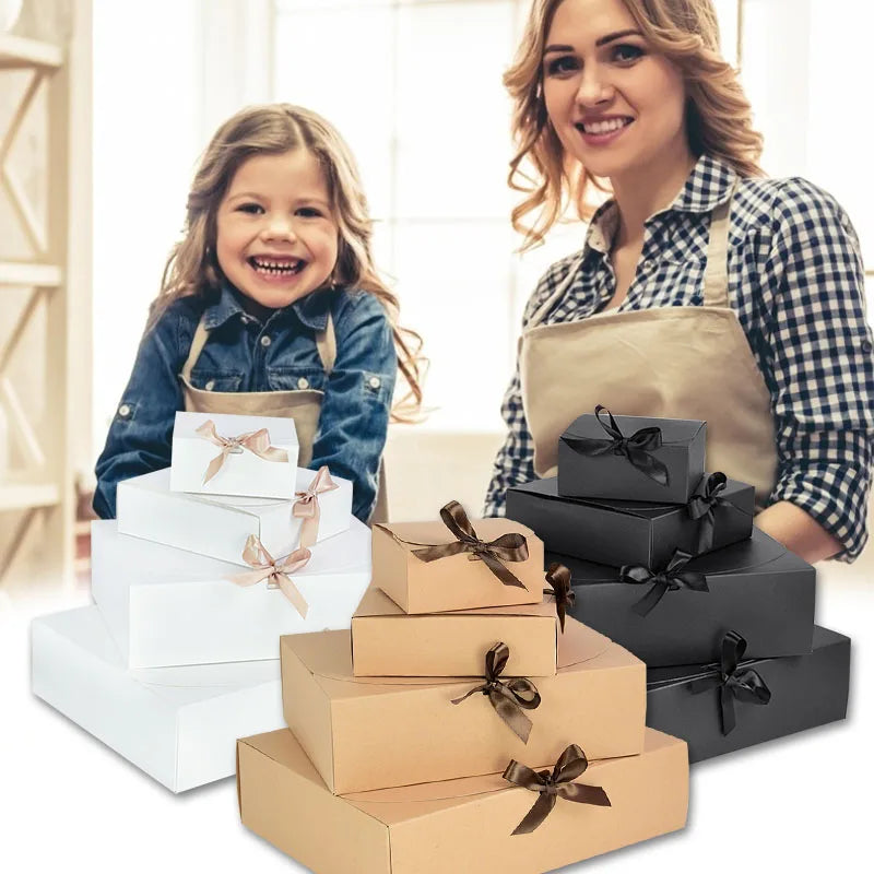 5 Piece Black and White Kraft Paper DIY Gift Box Set with Bow Ribbon for Weddings and Parties
