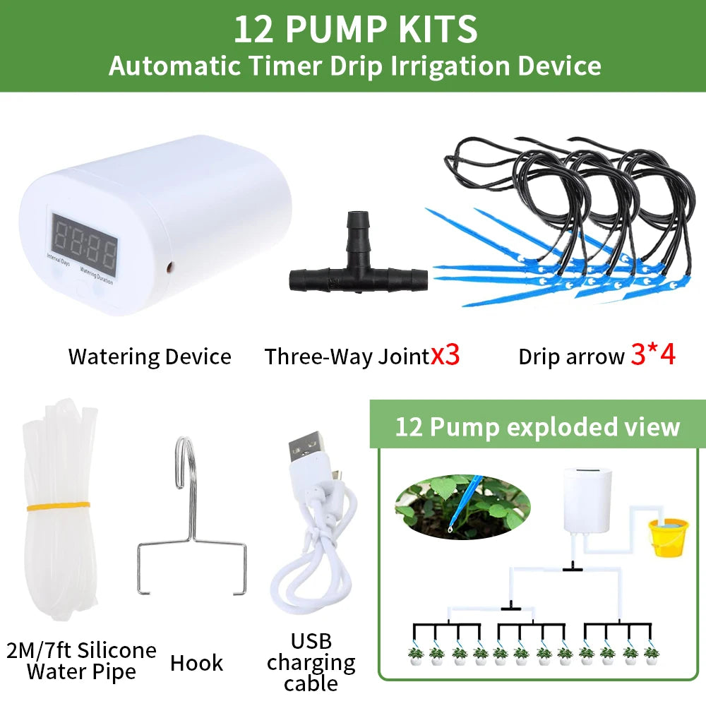 Automatic Plant Watering System with Timer Drip Irrigation Pump for Home Garden 2 to 16 Heads