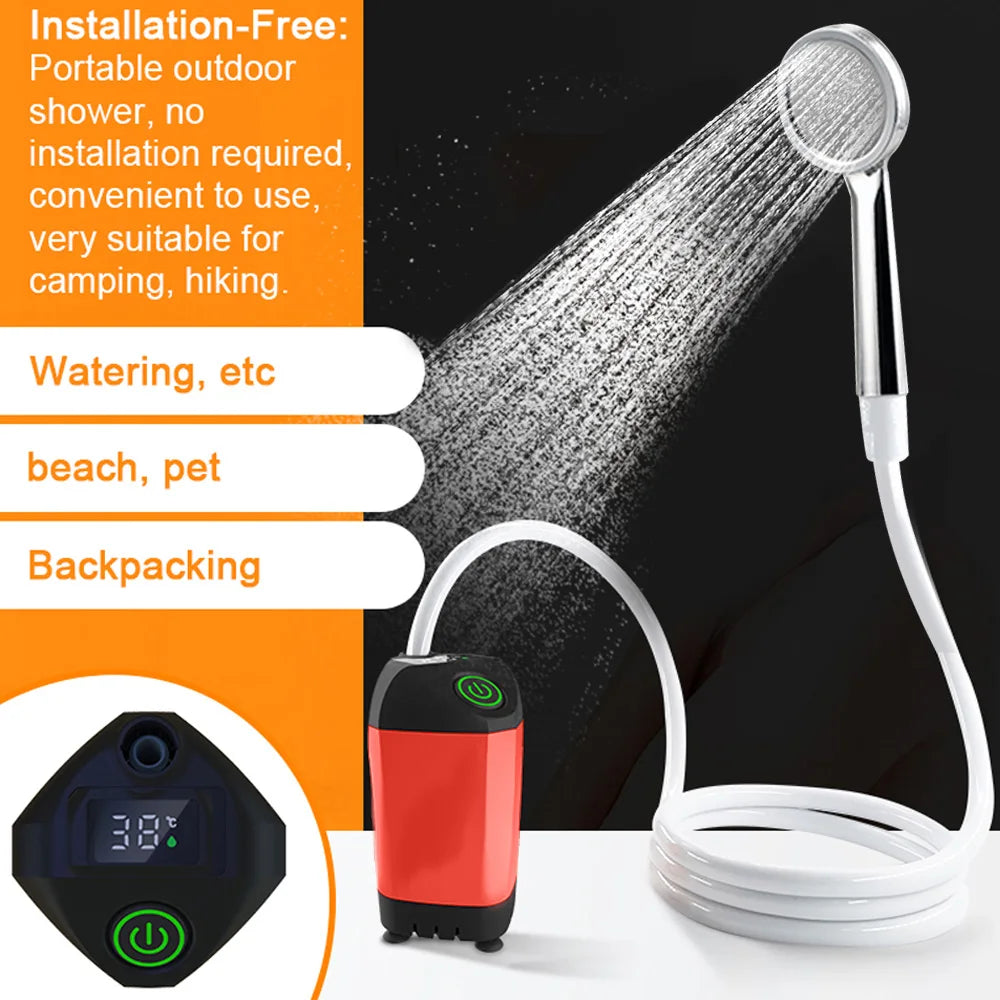Outdoor Camping Shower IPX7 Waterproof Orange with Digital Display Portable Electric Shower Pump