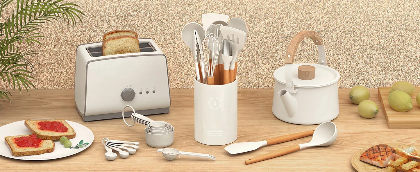 Silicone Kitchen Utensil Set 12 Pieces Food Grade Cooking Tools Turner Spatula Measuring Spoon Eco-Friendly Cookware