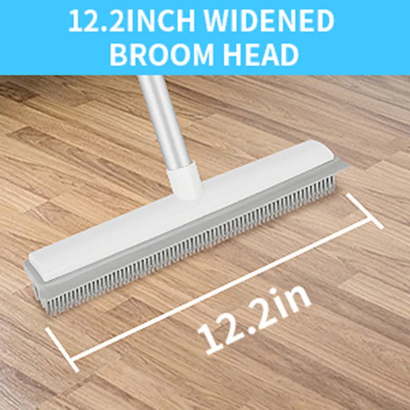Rubber Broom with Long Handle for Pet Hair Removal Non Scratch Floor Brush for Carpet and Hard Surface Cleaning
