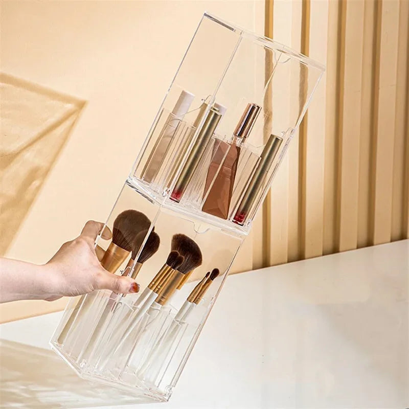 Large Capacity Clear Makeup Brush Holder Organizer with Lid 17 Slot Slanted Design for Desk Storage