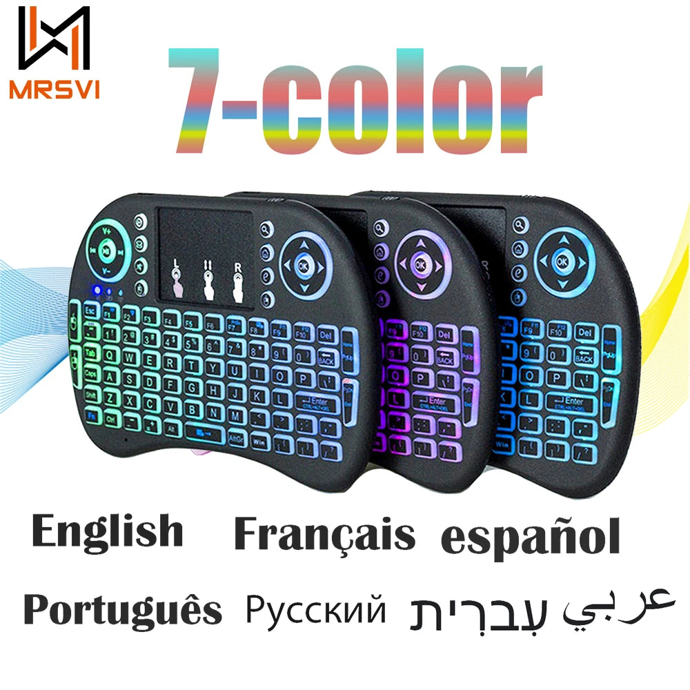 Miniteclado inalámbrico retroiluminado Air Mouse con panel táctil i8, 2,4 G, árabe, francés, español y ruso, para PC, Android TV Box