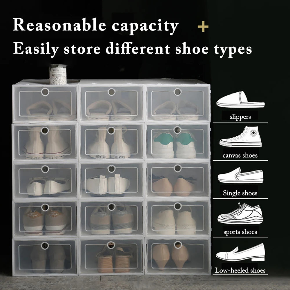 6 Pack Transparent Shoe Box Organizers Dustproof Stackable Cabinet