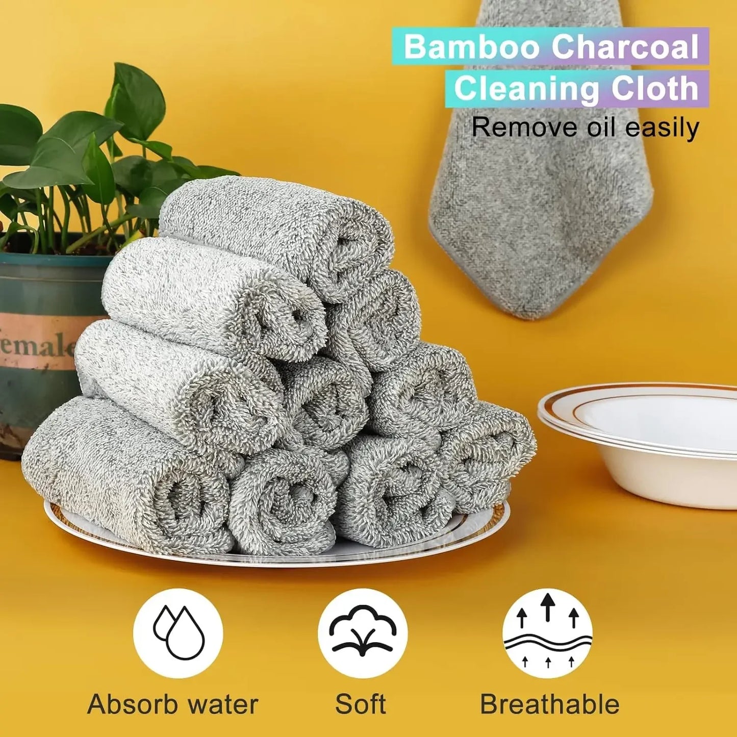 Gray Bamboo Charcoal Super Absorbent Microfiber Dishcloths for Kitchen Cleaning 1/100PCS Set