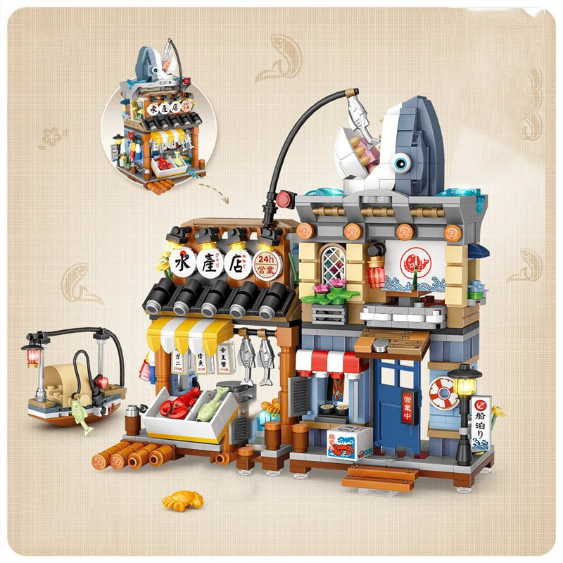 Street View Mini Building Blocks Gift Set – Izakaya Shaved Ice Shop, Takoyaki Shop, Coffee Shop and Panda Tea House