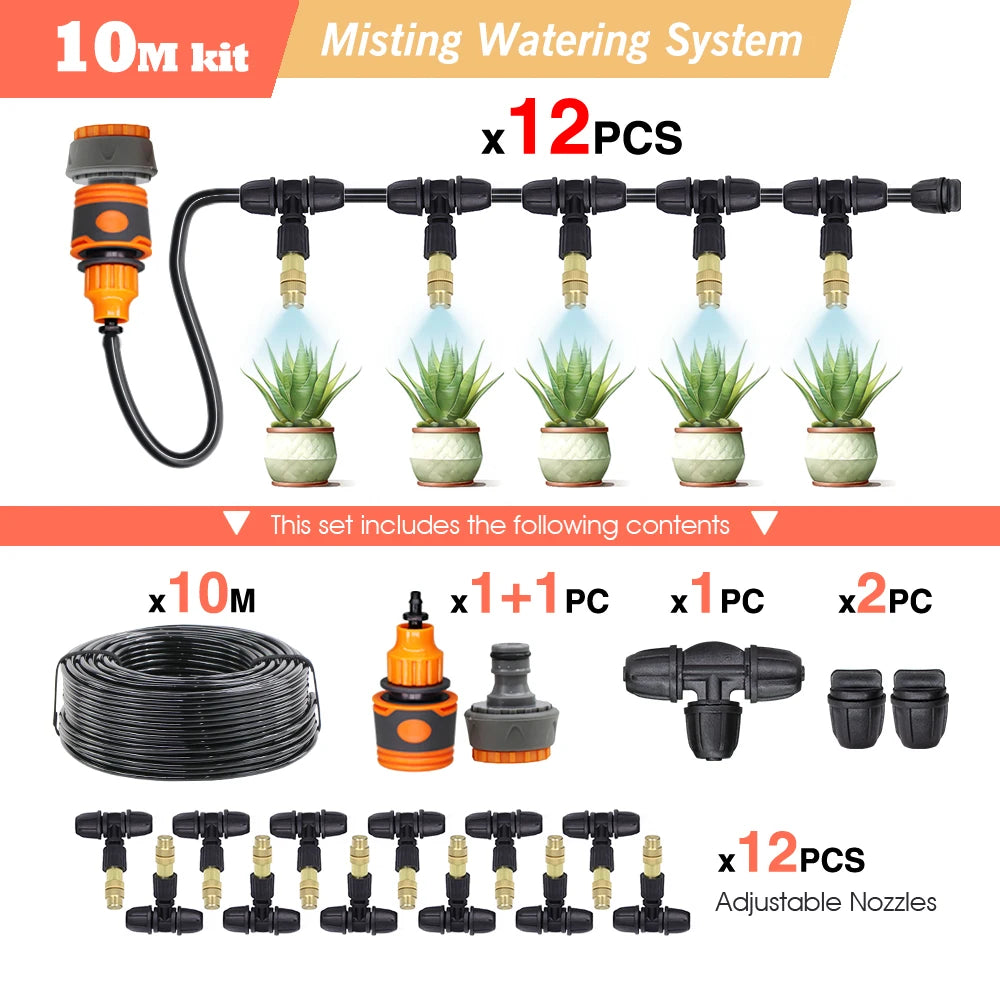 Garden Misting Irrigation Kit 10/20/30M 1/4 Inch Hose with Brass Nozzle for Balcony Greenhouse and Lawn Cooling