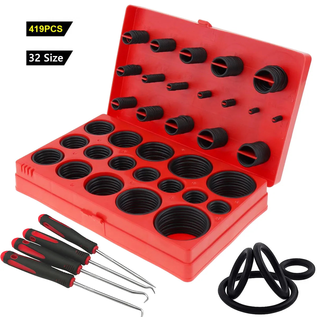 419PCS Universal O-Ring Assortment Set with 32 Sizes of Nitrile Rubber Seals for Plumbing Automotive and Faucet Repairs