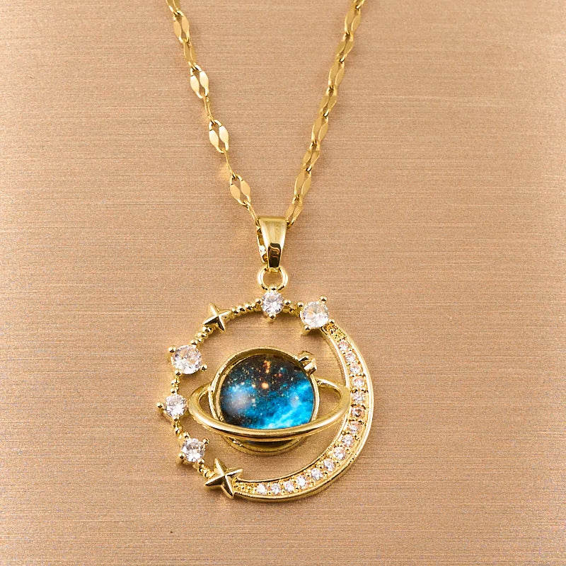 Exquisite Starry Sky Planet Light Necklace in Stainless Steel