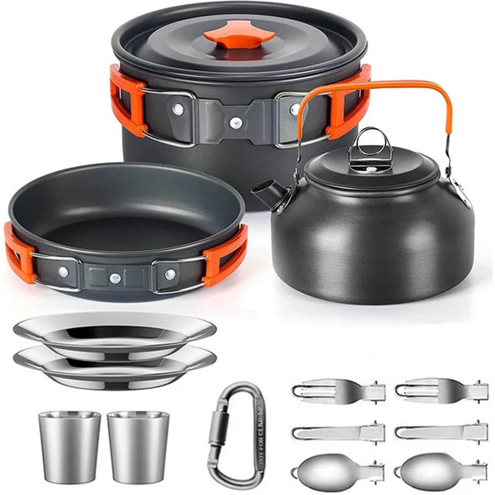 Camping Cookware Set for 2 to 3 People with Non-Stick Pots and Teapot Kit