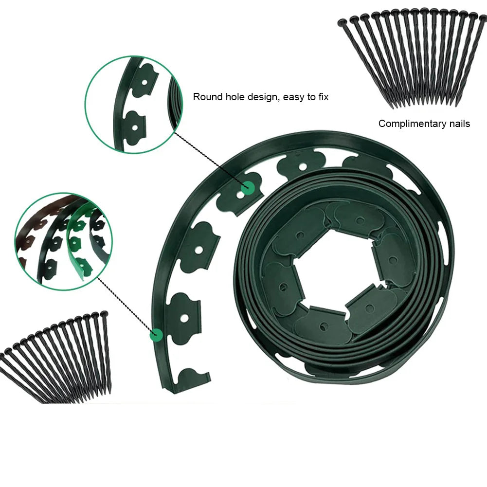 10M Plastic Garden Edging Border Kit with 30 Anchoring Spikes for Easy Installation and Durable Landscape Design