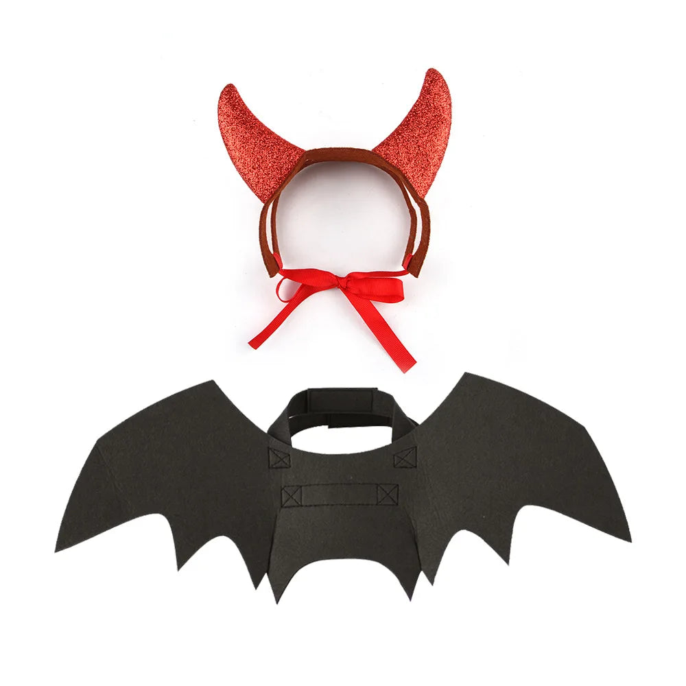 Pet Costume Set Cute Devil Transformation Outfit with Horns & Bat Wings Funny Animal Dress-Up for Cats Halloween Cosplay