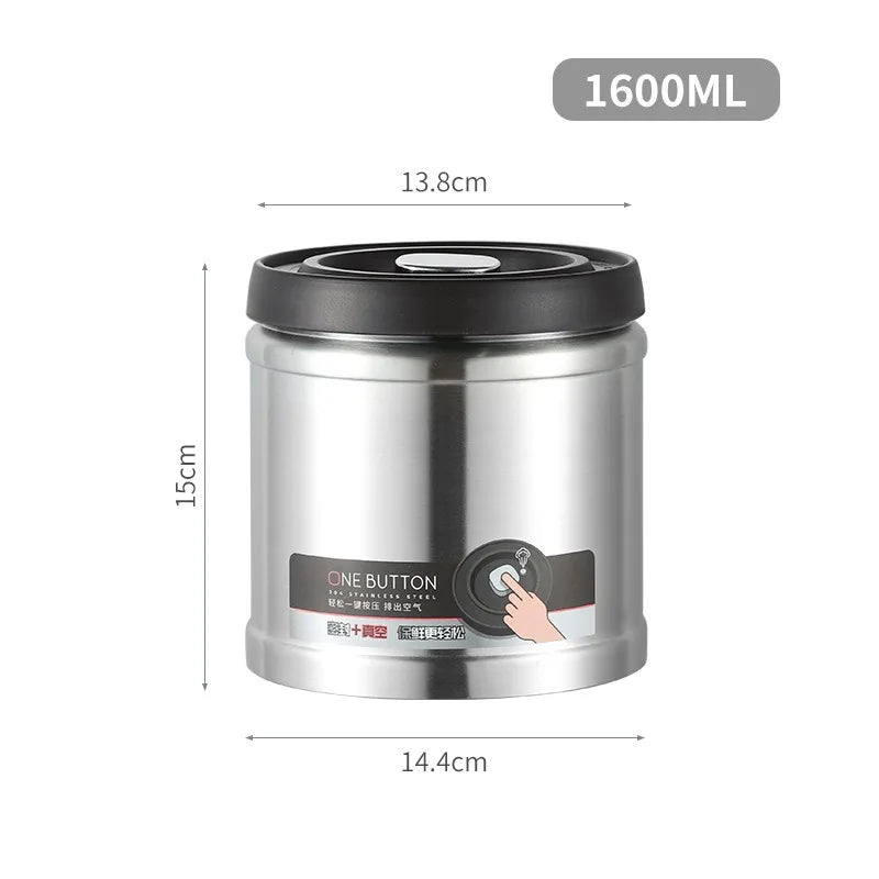 Coffee Bean Vacuum Sealed Canister 304 Stainless Steel Press Type Storage for Grains Tea and Nuts Kitchen Crisper Box